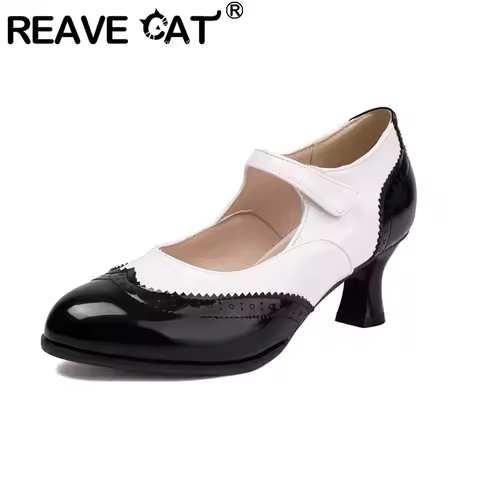 REAVE CAT Spring Fashion Women Pumps PU Round Toe 4.5cm Low Heels Buckle Black Red Yellow Big Size 4