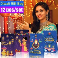 [free sticker] 12 pcs Diwali Gift Boxes Deepavali Candy Kraft Paper Bags Party Festival Gift Wrapping