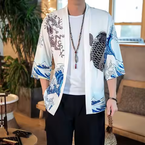 Men's Japanese Kimono Cardigan Haori Yukata Samurai Costume Kimono Jacket Mens Kimono Shirt Traditio