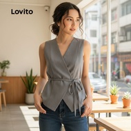 Lovito Casual Top Lace Up Grey Top for Women L155AD333\3