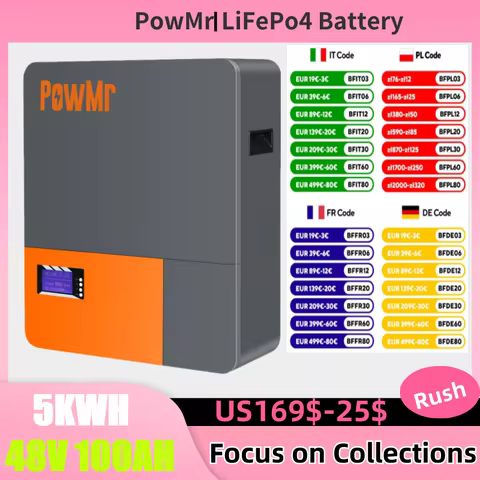 PowMr 51.2V 100Ah Powerwall LiFePo4 Lithium Battery 5.12KWh 16S BMS Wall-Mounted Energy Storage Batt