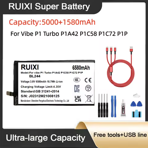 6580mAh BL244 RUIXI Ultra Large Capacity Battery For Vibe P1 Turbo P1A42 P1C58 P1C72 P1P Mobile Phon