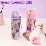 Kpop Demon Hunter Water Cup With Handle Strap Leakproof Lid Plastic Straw Cup For Kids Gift T0b6