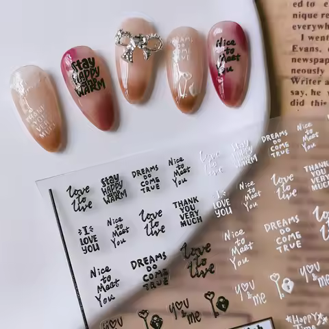 Black White English Phrases Design 5D Embossed Reliefs Self Adhesive Nail Art Stickers High Quality 