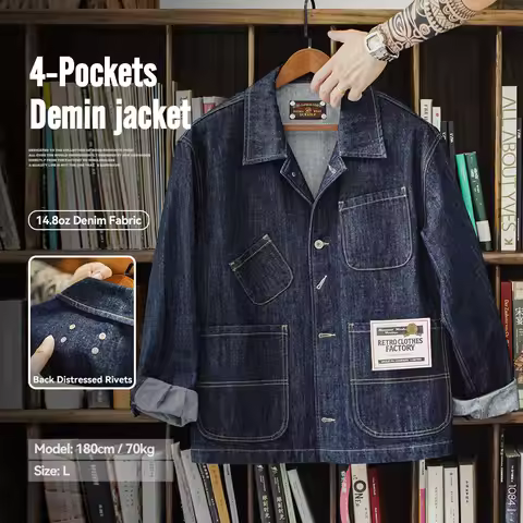 Maden Vintage Asymmetrical Four-pocket 14oz Denim Jacket Lapel Single-breasted Jacket Navy Blue Cott