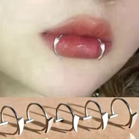 1pair Y2K Vintage Vampire Fangs Stainless Steel Lip Ring Non-Piercing Clip-On Lip Cuff Punk Goth Uni