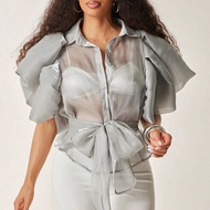 Puff Sleeve Button Up Sheer Top With Belt, Business Casual Woman, Boho, Spring Outfits, Summer Outfi