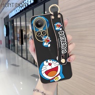 (With Wristband) Hontinga Casing Case For OPPO Reno10 Reno 10 Pro 5G Reno11 Reno 11 Pro 5G Case Cartoon Anime Doraemon Luxury Chrome Plated Soft TPU Square Phone Case Full Cover Camera Protection Anti Gores Rubber Cases For Girls