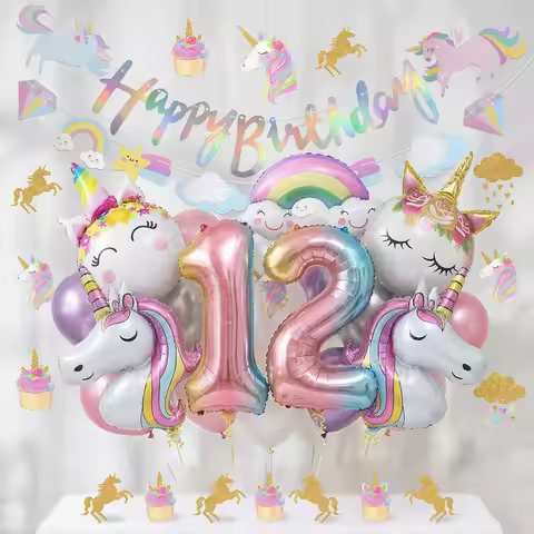 Unicorn Birthday Party Decoration Gradient Number 1-9 Foil Balloon Rainbow Cloud Banner Hanging Swir
