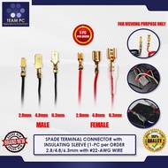 SPADE TERMINAL CONNECTOR with INSULATING SLEEVE (1-PC per ORDER), 2.8/4.8/6.3mm with 22-AWG WIRE