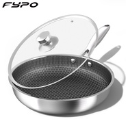 Fypo 304 stainless steel  26/28cm frying pan Honeycomb texture stir-fry pans with glass lid gas induction skillet steak Flat pan