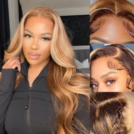 วิกผม Bye Bye Knots วิกผมฟอกสีล่วงหน้า 7x5 TL412 วิกผมสีน้ำตาลบลอนด์ไฮไลท์ลอนตัว วิกผมผมแท้ วิกผมหน้