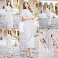 💙พร้อมส่ง S-2XL💙ป้าย Orange Juice💕เดรสยาว เดรสลูกไม้สีขาว คอวี ผ้าดีงานสวย ชุดงานบุญ
