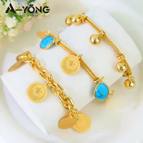 Fashion Dubai Gold Color Bracelet 21k Gold Plated Turkish Coins Turquoise Pendant Bangles Italian Wo