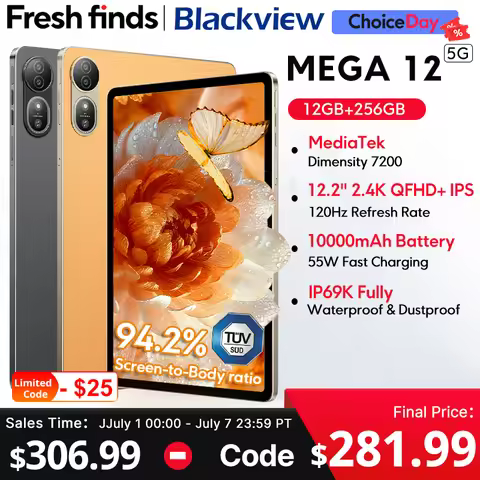 【World premiere】Blackview MEGA 12 Tablet 5G 12.2" 2.4K 120Hz Display Dimensity 7200 CPU IP69K Waterp