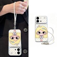Polka Dot Cartoon Big Eye Girl Large Window Phone Case With Minimalist White Leather Wrist Strap Set