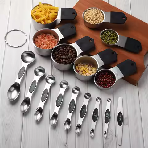 J1UL1N 16Pc Magnetic Stainless Steel Measuring Cups & Spoons Set, 7 Heavy Duty Cups,8 Double Sided S