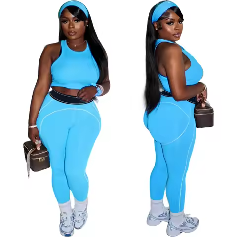 A blue, fresh and innocent long pants set designed by a pure and sensual young lady