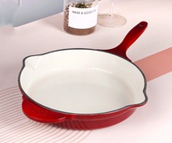 【จัดส่งภายใน 24 ชม】Enameled Cast Iron Skillet with Side Drip Spouts - 26cm Round Frying Pan with White Ceramic Enamel Coated Interior Enameled Cast Iron Pans nonstick pot