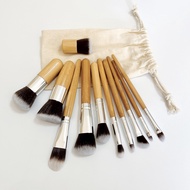 11pcs Portable Bamboo Handle Makeup Brush Set Eco-Friendly Canvas Bag Beauty Tools Home Powder Brush