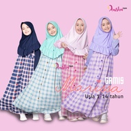 Baju gamis kaos muslim anak umur tanggung motif kotak kombinasi polos