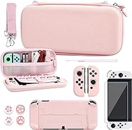 RHOTALL Sakura Embossing Cute Carrying Case Set for Nintendo Switch OLED, Accessories Bundle for Switch OLED with Hard Case, Screen Protector, 4 Thumb Caps, Wrist Band and Shoulder Strap (Pink)