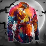 Halloween Horror Button Up Long Sleeve Shirts For Men 3D Print Skull Casual Shirts Clothes Mens Over