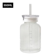 Large capacity graduated glass cup 550/750ml Large Glass Water Bottle with Straw 2 Lids Clear Drinki