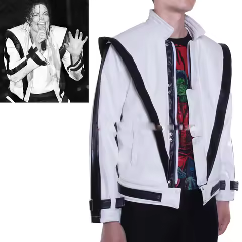 Red Leather coat Michael Jackson Cosplay costume MJ Thriller MTV White jacket Cos party stage show w