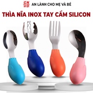 Spoon and Fork Training Silicone Handle 304 Stainless Steel Spoon Head for Babies Learning to Eat an