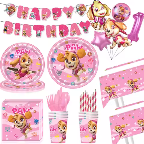 Cartoon Paw Patrol Birthday Decoration Pink Dogs Skye Disposable Tableware Cup Plate Tablecloth Girl