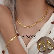 Gold 18K Pawnable Necklace Bracelet Set Woven 3 Sets Earrings Hypoallergenic Fishbone Bracelet Necklace Zircon Earrings Set Wedding Jewelry Girlfriend Gift Necklace for Women Original Lucky Charm Bracelet Birthday Gift for Women