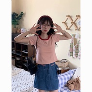 y2k Women's Clothing Dopamine Wear Girls Medium Short Tops Front Shoulder Short-Sleeved U-Neck Expos