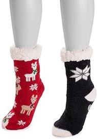 Women's Cabin Cozy Sock, 2 Pair, Red Llama, Black Star
