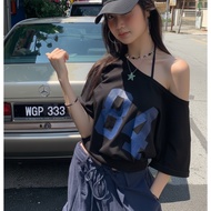 Atasan Wanita Jersey Angka 84 – Kaos Pendek Vintage Amerika Korean Casual Remaja Hitam Putih Trendy
