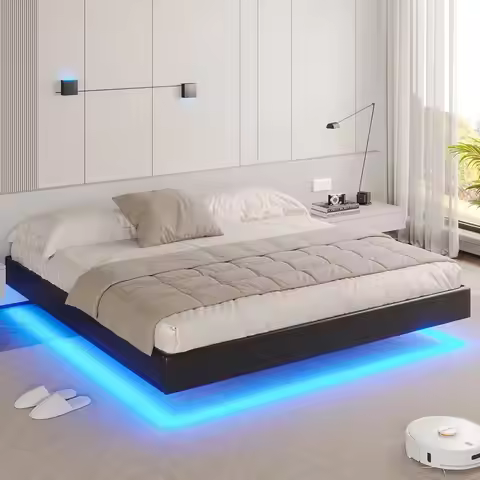 Floating King Bed Frame with LED Lights Modern Upholstered King Size Platform Led Bed Frame no Headb