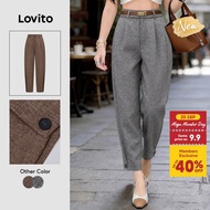(New Arrival) Lovito Elegant Pants 90s Retro Button Pleated Spring/summer Grey Pants for Women PTK9P