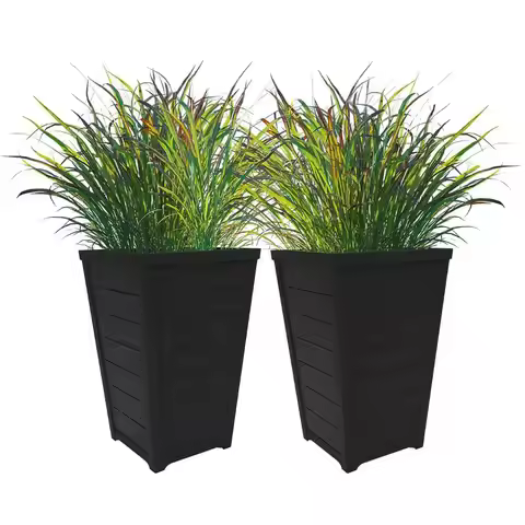 Keter Set of 2 Resin Modern Outdoor 22 Inch Tall Large Flower Pots, Tapered Wood Look Planters for O