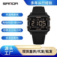 Jam Tangan Jenama Sanda Square Transparent Case Segmen Chronograph Jam Tangan Elektronik Jam Pengger