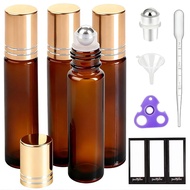 PrettyCare 4 Pack Amber Glass Oil Roller Bottles for Essential Oils 10ml, Roll On Bottles with Stain