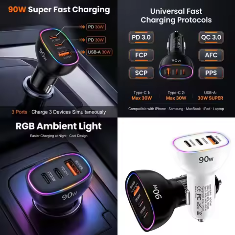 90W USB C Car Charger Fast Charging Multi Port Dual PD 30W Type C USB A 30W Adapter for Laptop Phone