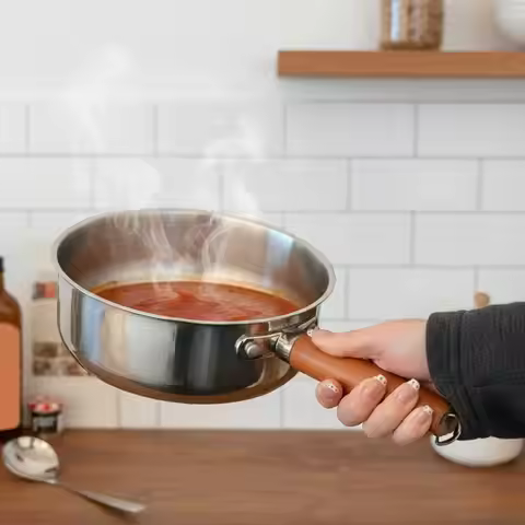 +Spoon Stainless Steel Instant Noodle Pot Small Pot For One Person High-value Appearance Wood Handle