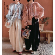 【Imove】3 corlos New Chinese Style Women's Embroidered Long Sleeve Cotton Linen Shirt Ethnic Style Bi