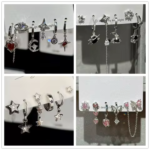 6PCS Set Goth Red Crystal Star Heart Black Pentagram Pendant Earring For Women Vintage Aesthetic Tre