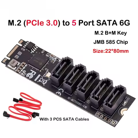 M.2 to 5 Ports SATA III 6G SSD Adapter with SATAIII Cable Support UEFI PCIe 3.0 Gen3x2 Non-RAID Jmb 