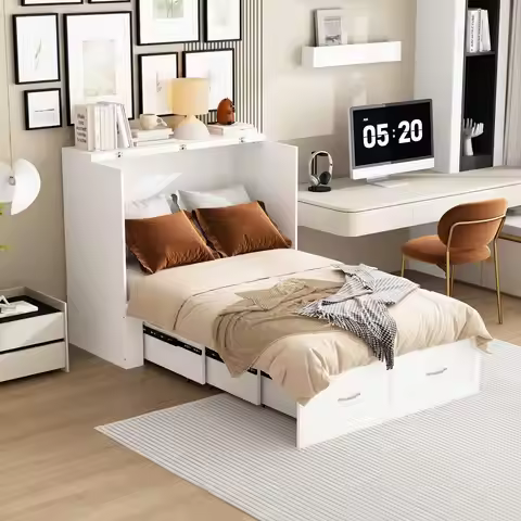 Twin Murphy Bed with Built-in Charging Station, Space-Saving Murphy Bed Chest Twin with Drawer, Fold