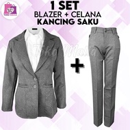 One Set Women's Long Button Blazer Pants Suit Plain Women's Office Work Suit Adult Children's Blazer