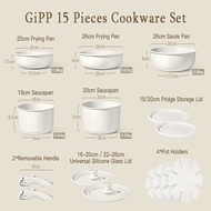 GiPP 15 Pcs Set Peralatan Masak Keramik Anti Lengket - Gagang Lepas Pasang Bebas PFAS & PTFE & PFOA