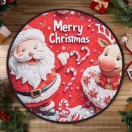 38cm Christmas Round Crystal Velvet Carpet - Cartoon Santa Pattern Floor Rugs - Bedroom Feet Pad - X