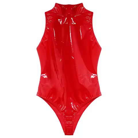 Womens Wetlook Bodycon Bodysuit Patent Leather Scoop Neck Leotard Glossy Sleeveless Catsuit for Club